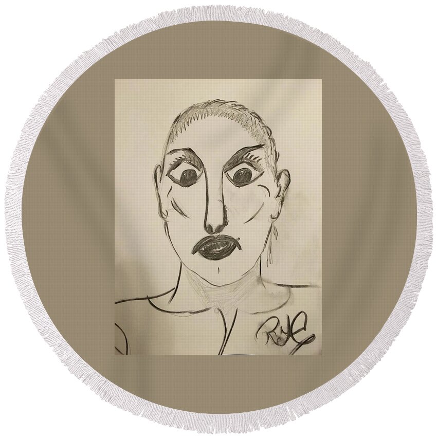 Drawing Round Beach Towel featuring the drawing Astonished Actress by Roger Cummiskey