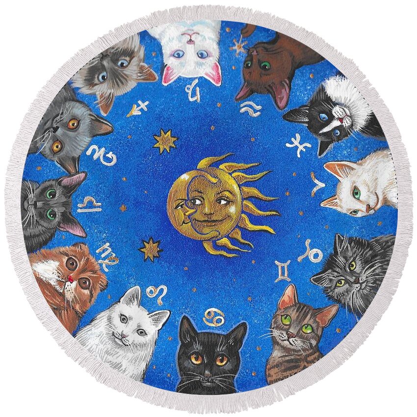 Print Round Beach Towel featuring the painting Astrological Cats by Margaryta Yermolayeva