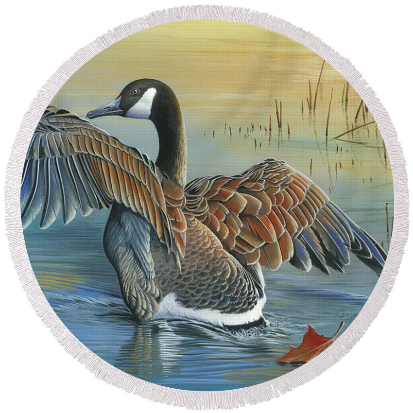 2015 Iowa Duck Stamp Winner Round Beach Towel featuring the painting At First Light by Mike Brown
