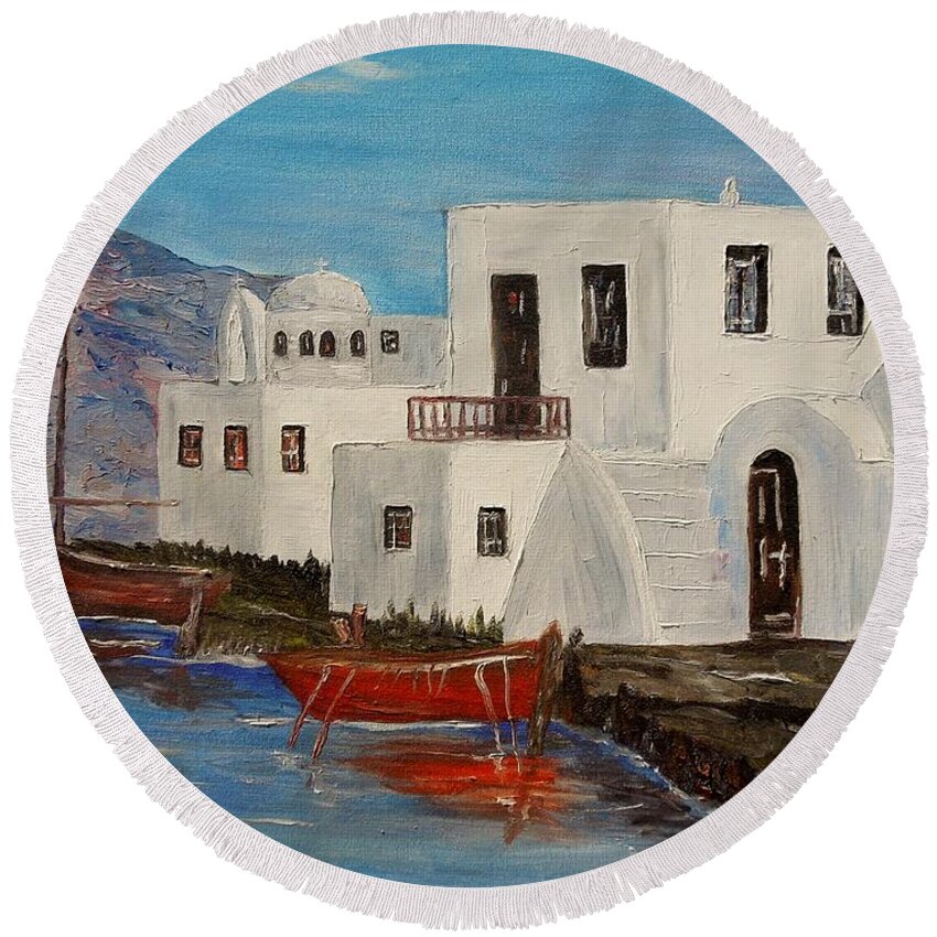 Boat Round Beach Towel featuring the painting At home in Greece by Marilyn McNish