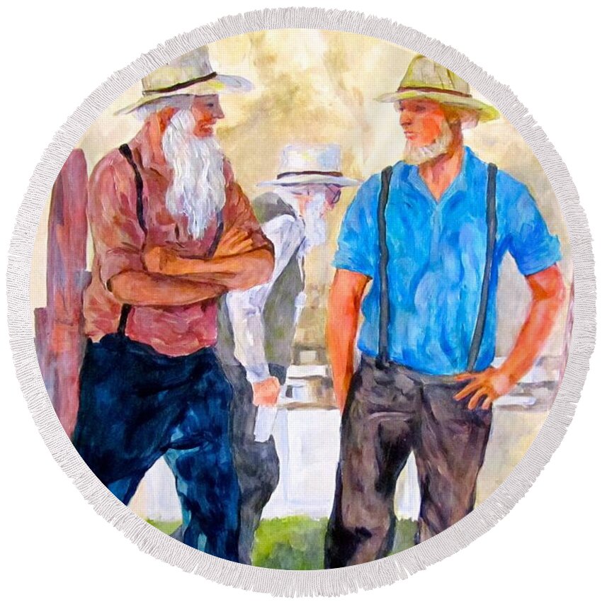 Men Round Beach Towel featuring the painting At the Auction by Barbara O'Toole