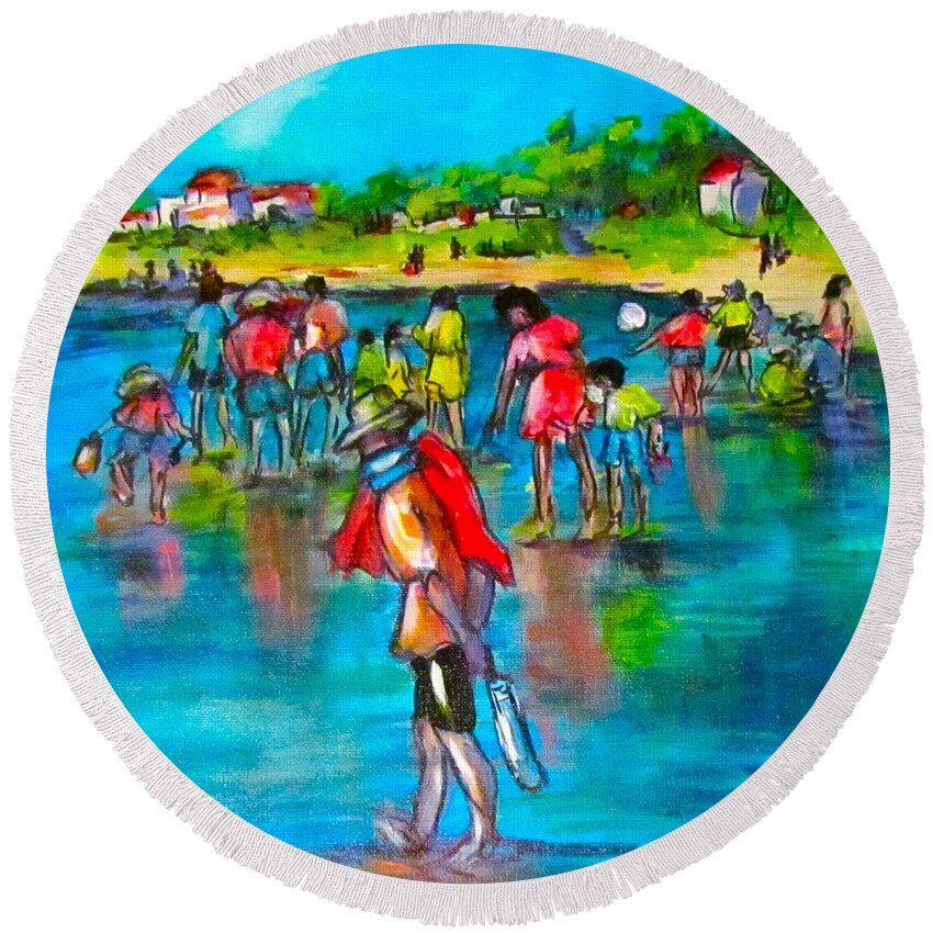 Seascape Round Beach Towel featuring the painting At the Beach by Barbara O'Toole