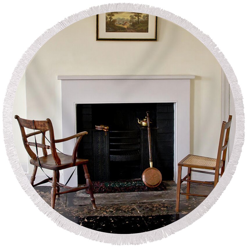 Fireplace Round Beach Towel featuring the photograph At the cold fireplace. by Elena Perelman