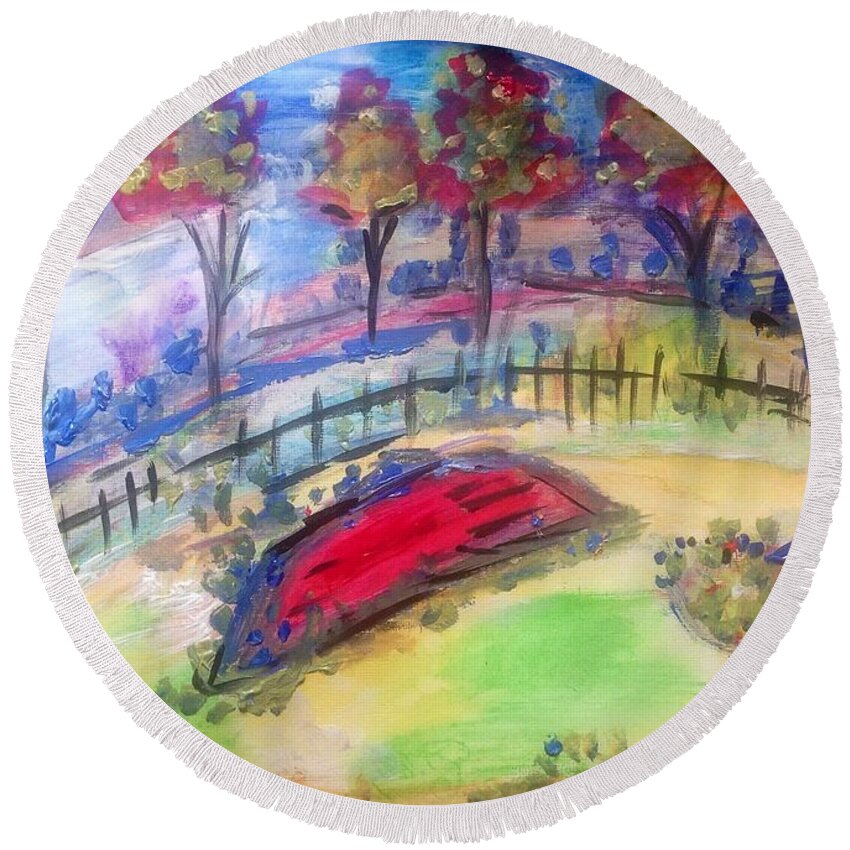 Boat Round Beach Towel featuring the painting At the old boathouse by Judith Desrosiers