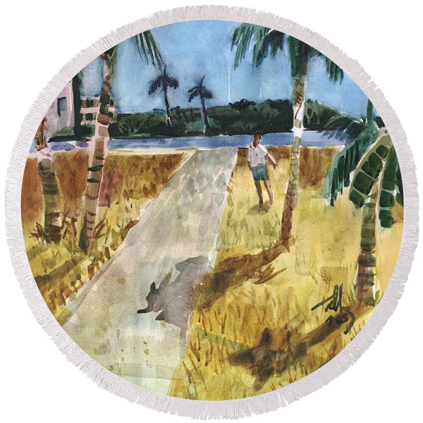 Palm Trees Round Beach Towel featuring the painting At Water's Edge by Thomas Tribby