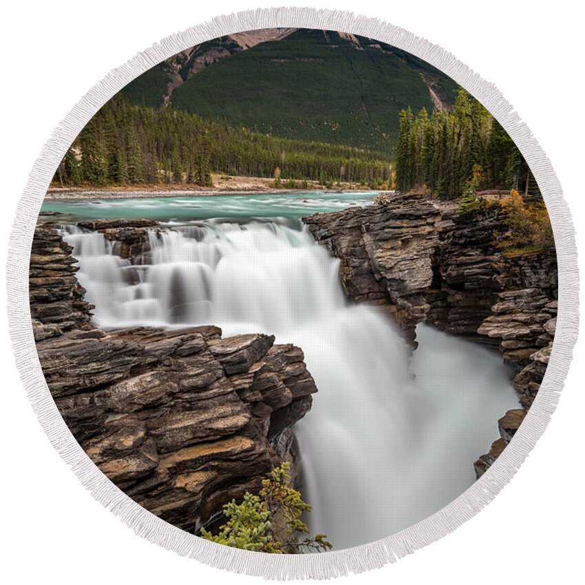 Athabasca Falls Round Beach Towel featuring the photograph Athabasca Falls on the Icefield Parkway by Pierre Leclerc Photography