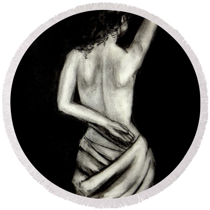 Nude Round Beach Towel featuring the drawing Athena Nude Woman Drawing by Katy Hawk