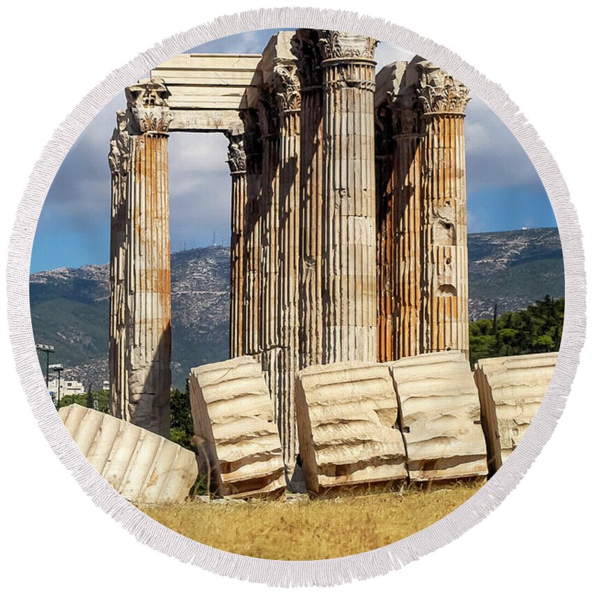 Athens Olympieion Round Beach Towel featuring the photograph Athens Olympieion by Bob Phillips