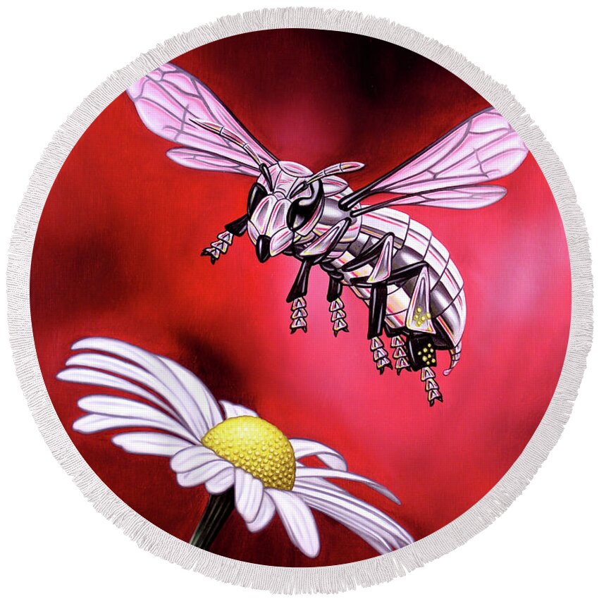  Round Beach Towel featuring the painting Attack of the Silver Bee by Paxton Mobley