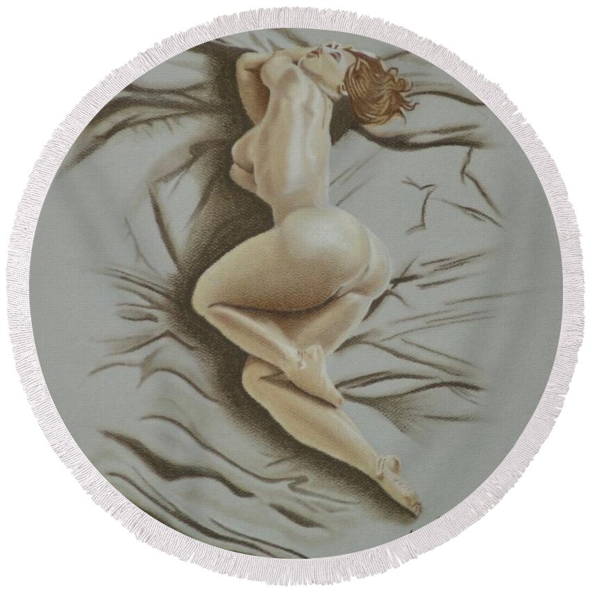 Nude; Art; Artwork; Pastel Pencil; Drawing Round Beach Towel featuring the drawing Au Naturel by Edward Kovalsky