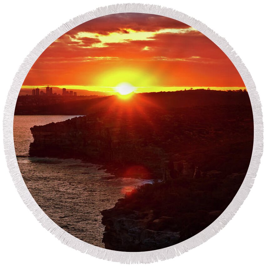 Sunset Round Beach Towel featuring the photograph August Sunset From North Head by Miroslava Jurcik