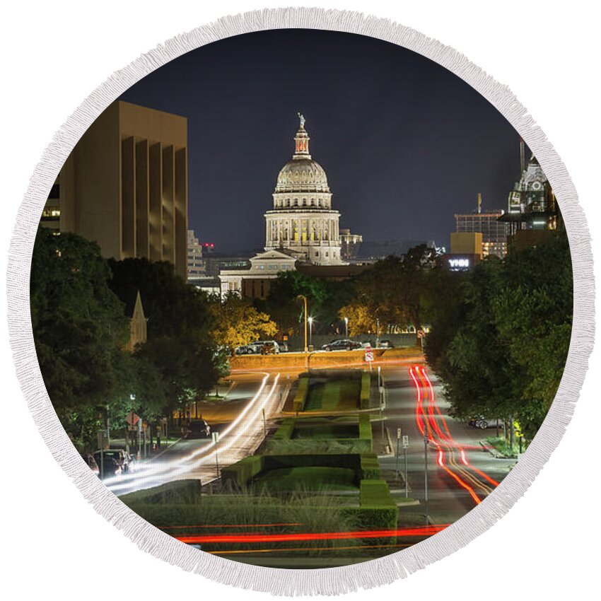 Austin Round Beach Towel featuring the photograph Austin Light Trails by Tim Stanley