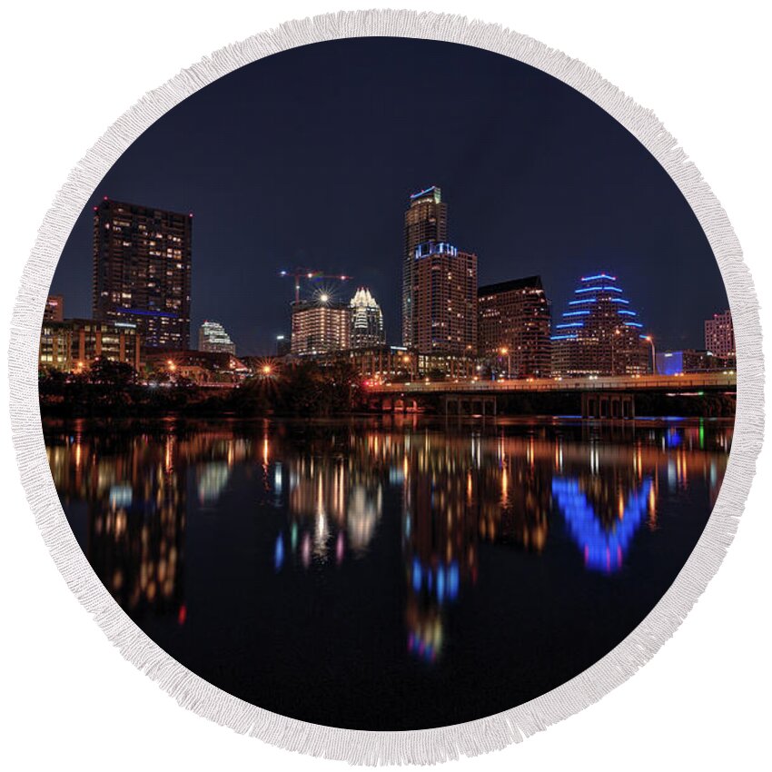 Austin Round Beach Towel featuring the photograph Austin Skyline At Night by Todd Aaron