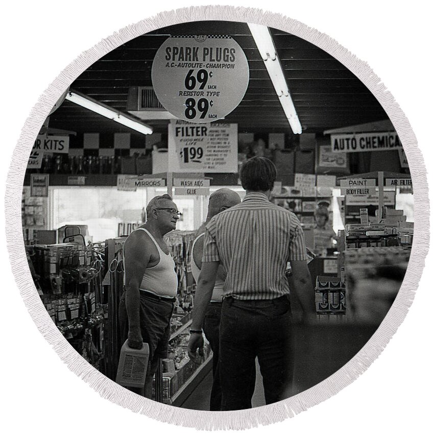 Auto Parts Round Beach Towel featuring the photograph Auto-Parts Store, 1972 by Jeremy Butler