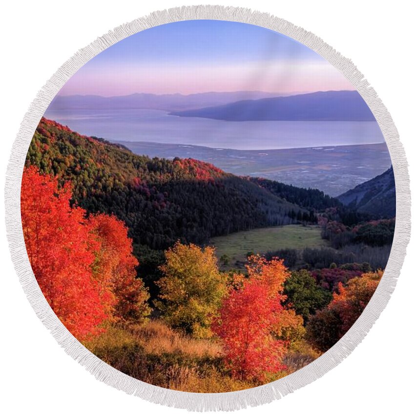 American Fork Canyon Round Beach Towel featuring the photograph Autumn Above Utah Lake by Roxie Crouch