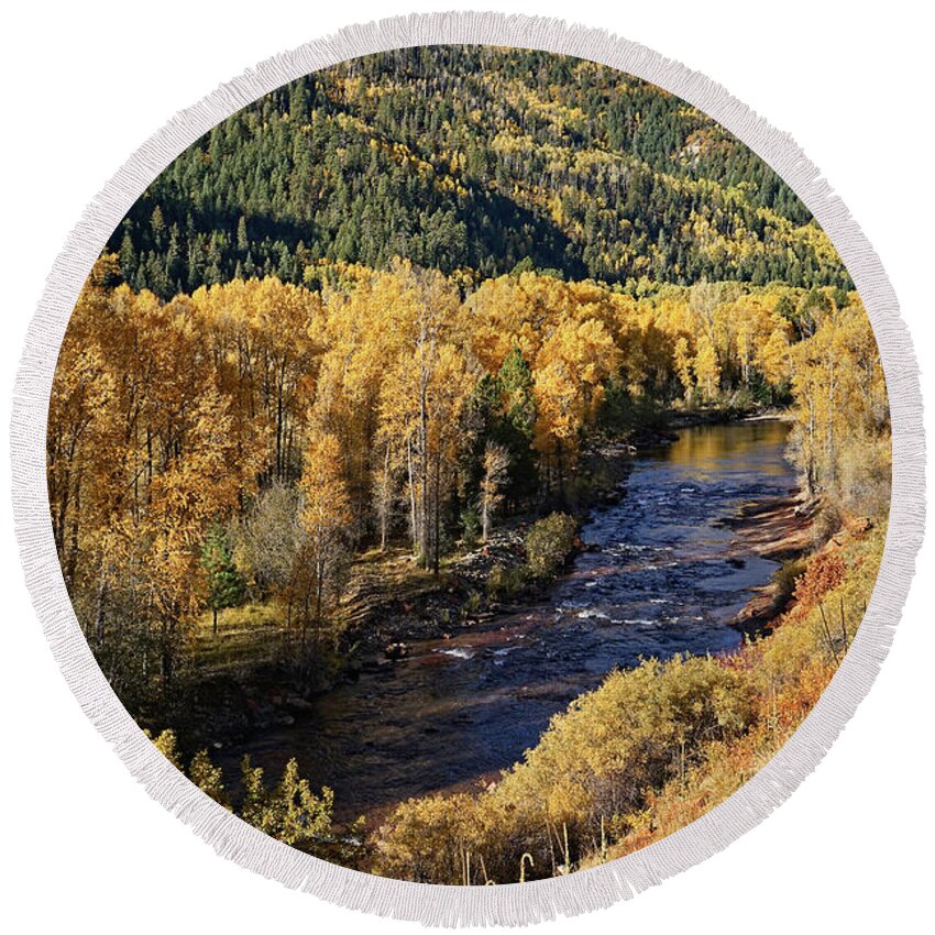Aspens Round Beach Towel featuring the photograph Autumn Along the River I by Leda Robertson