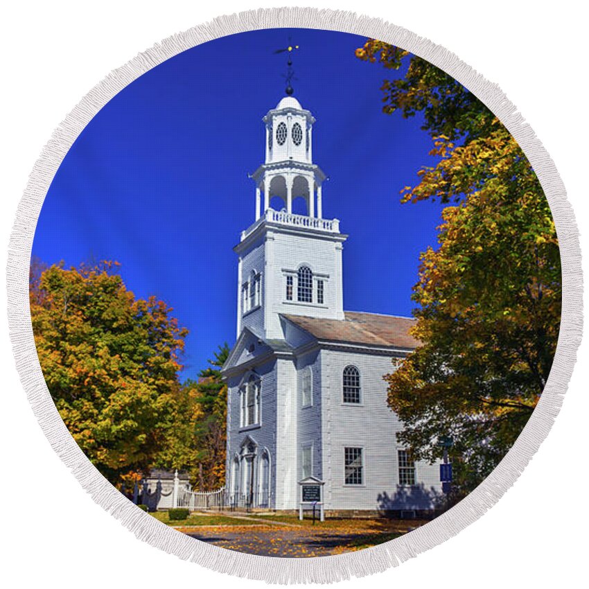 Fall Foliage Round Beach Towel featuring the photograph Autumn at Old First Church In Bennington Vermont by Scenic Vermont Photography