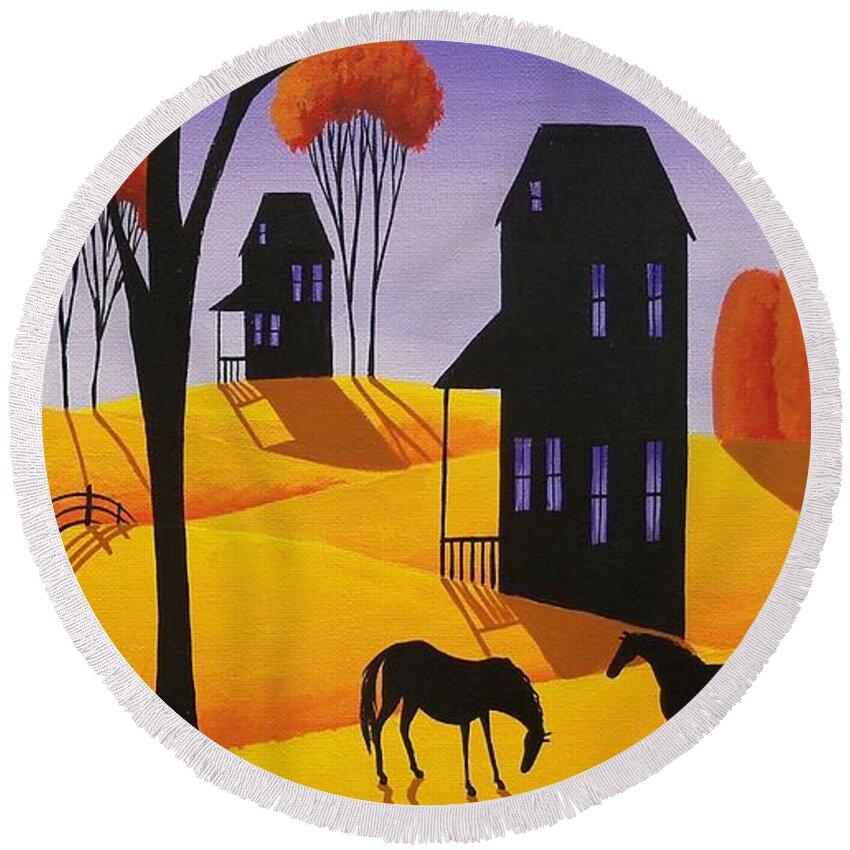 Folk Art Round Beach Towel featuring the painting Autumn Beauty by Debbie Criswell