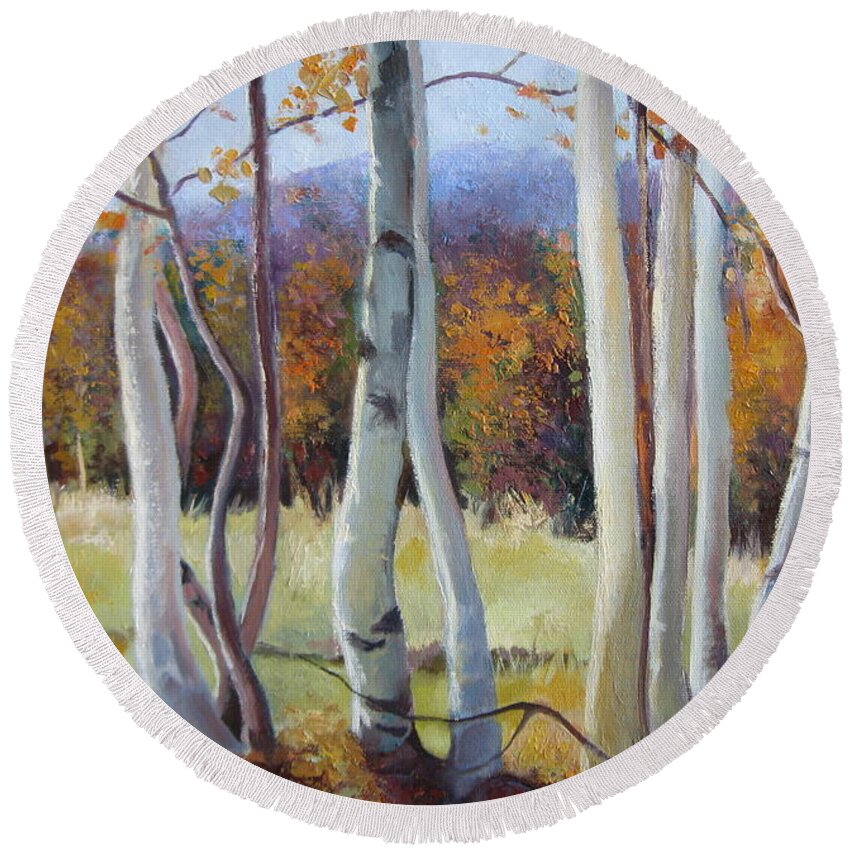 Birch Round Beach Towel featuring the painting Autumn birches by Elena Oleniuc