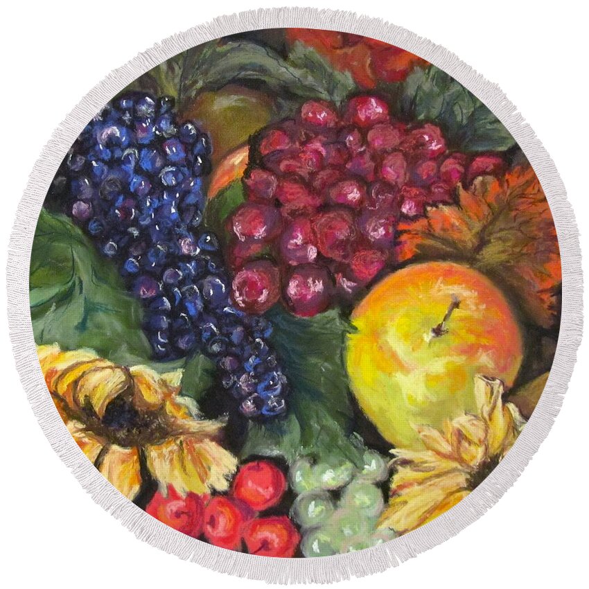 Fruit Round Beach Towel featuring the pastel Autumn Bounty by Barbara O'Toole