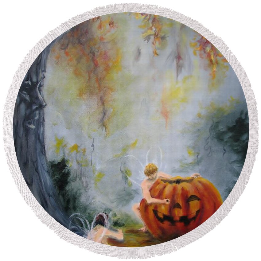 Fairies; Pumpkins Round Beach Towel featuring the painting Autumn Color Celebration by Patricia Kanzler