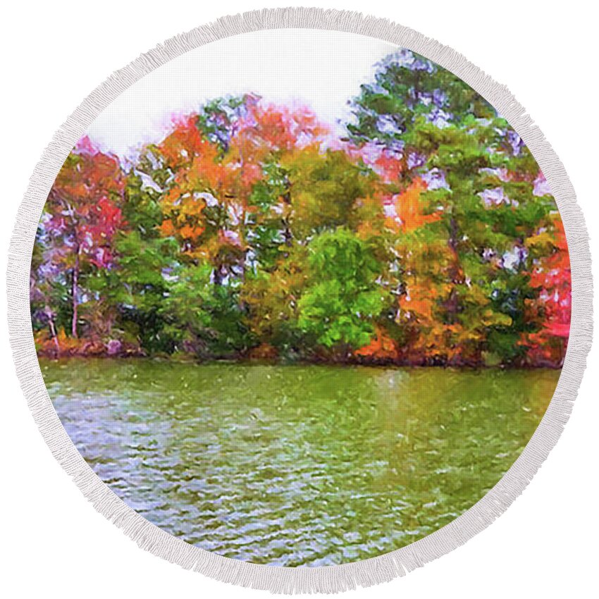 Background Round Beach Towel featuring the painting Autumn color in Norfolk botanical Garden 3 by Jeelan Clark