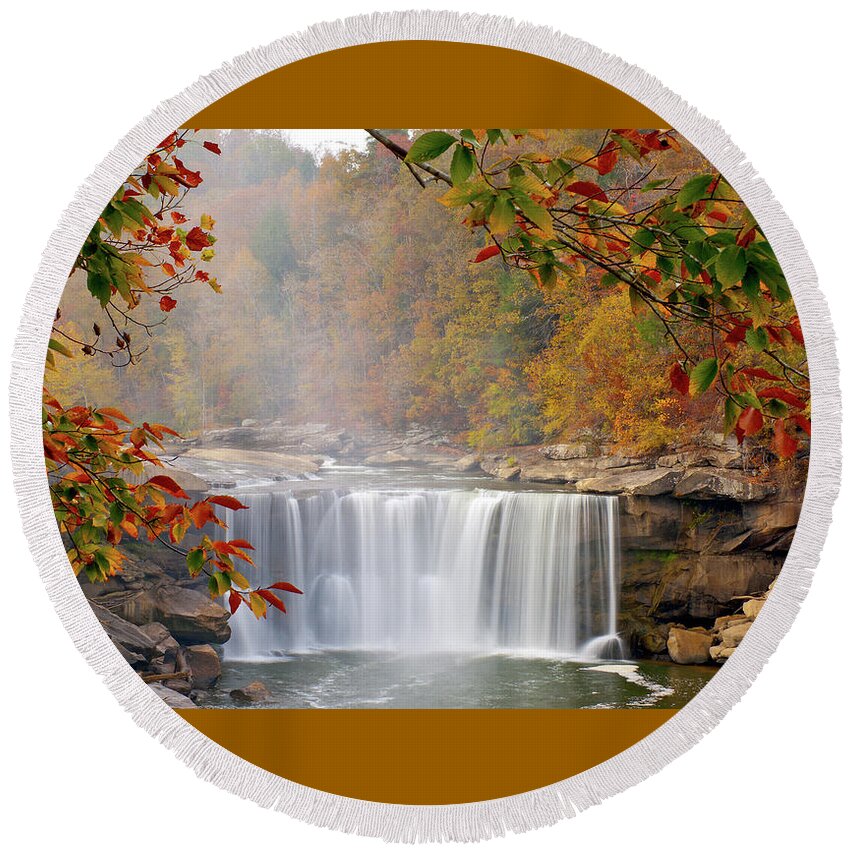 Waterfall Round Beach Towel featuring the photograph Autumn Colors at Cumberland Falls by Rebecca Higgins