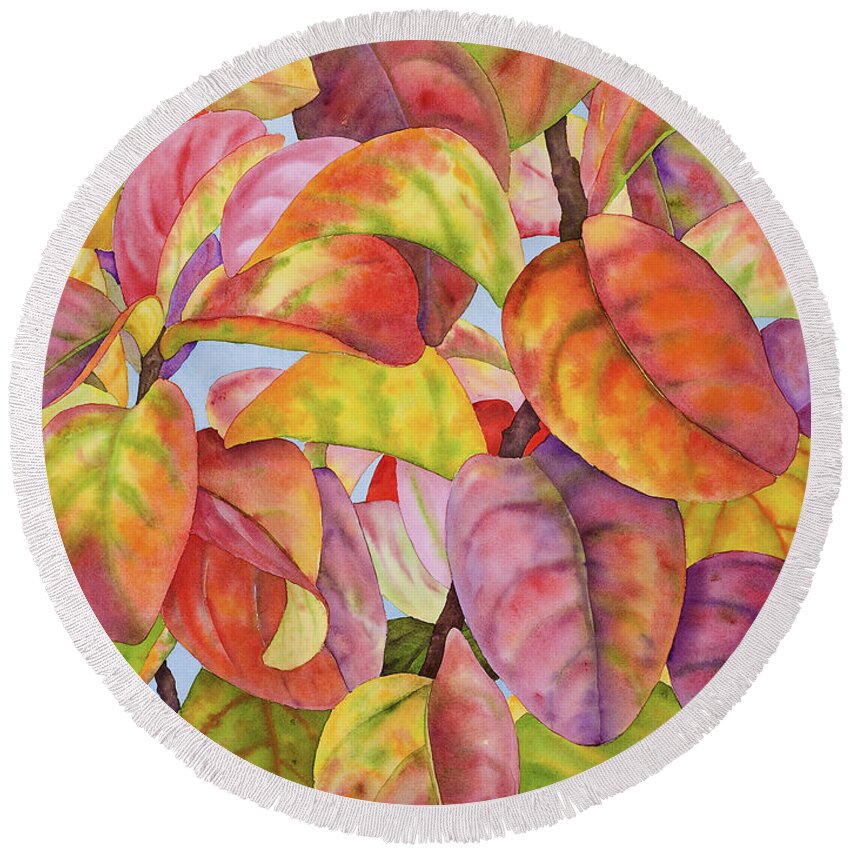 Autumn Leaves Round Beach Towel featuring the painting Autumn Crepe Myrtle by Lucy Arnold