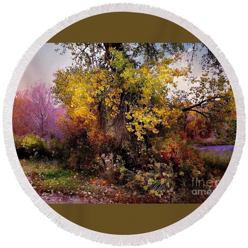 Yellows Round Beach Towel featuring the digital art Autumn glory by Annie Gibbons