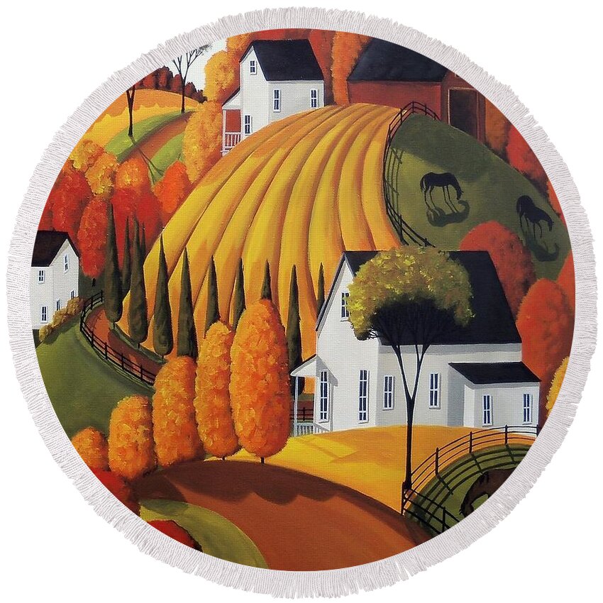 Landscape Round Beach Towel featuring the painting Autumn Glory - country modern landscape by Debbie Criswell