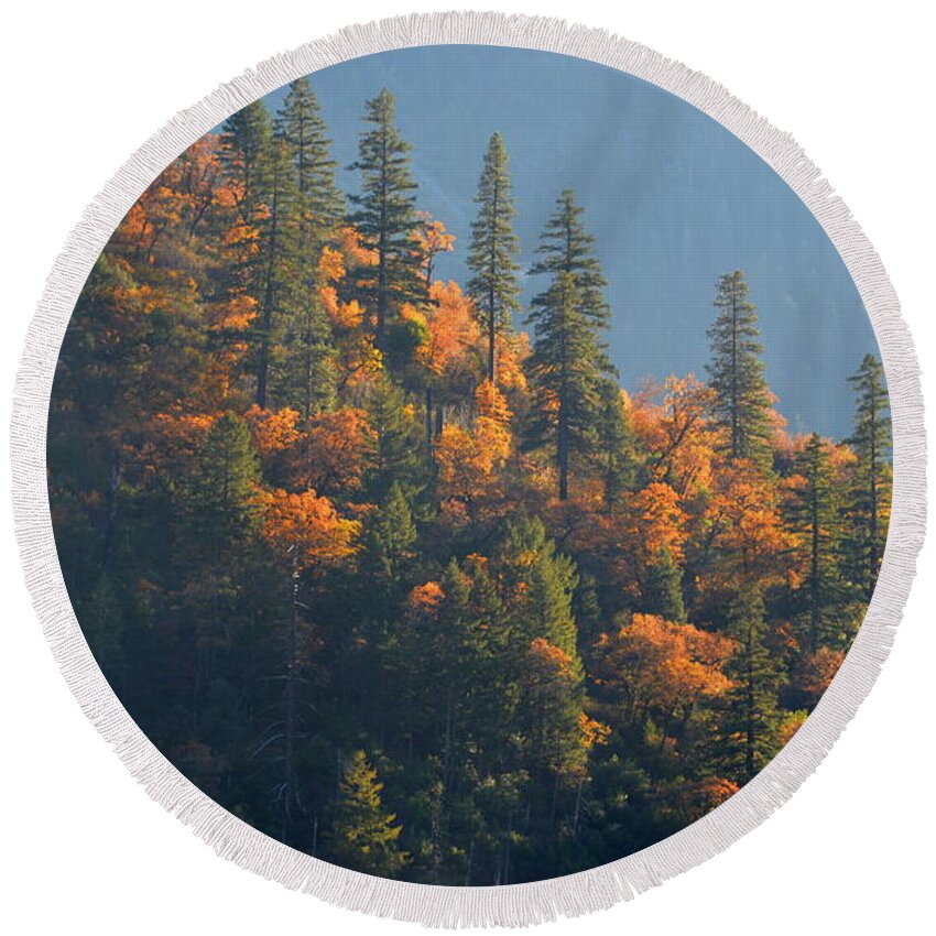 Scenic Round Beach Towel featuring the photograph Autumn in the Feather River Canyon by AJ Schibig