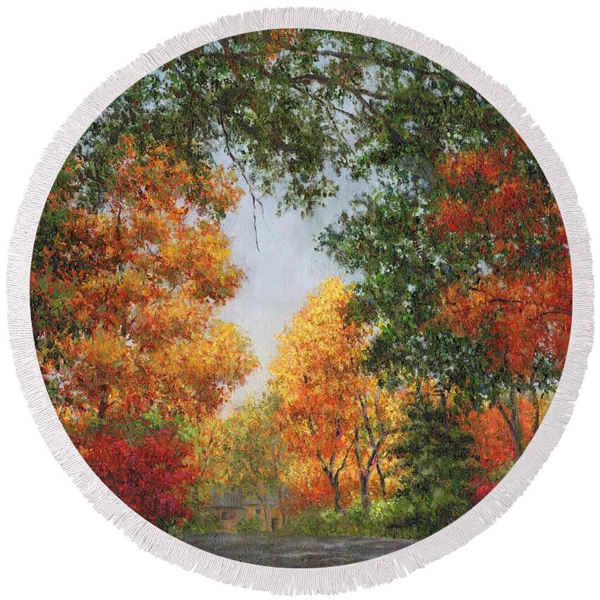 Autumn Round Beach Towel featuring the painting Autumn in the Suburbs by Susan Savad