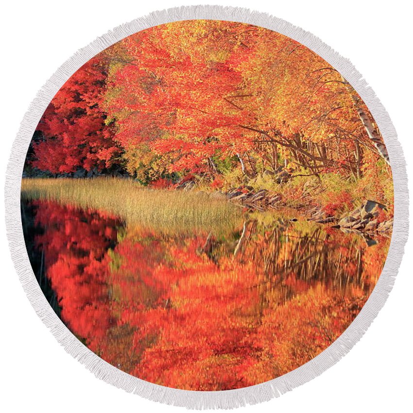 Autumn Round Beach Towel featuring the photograph Autumn Lake Scenery by Gary Corbett
