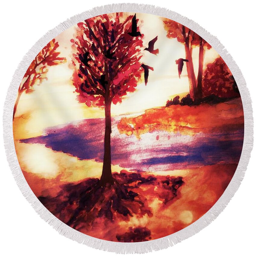Autumn Landscape Round Beach Towel featuring the painting Autumn Landscape by Maria Urso