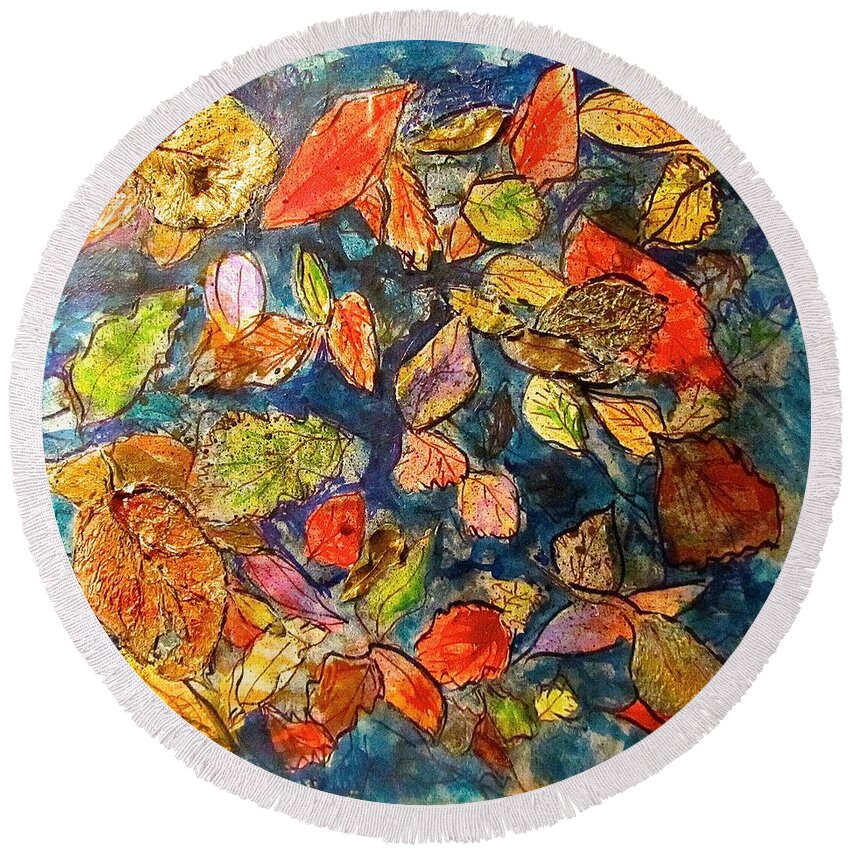 Leaves Round Beach Towel featuring the mixed media Autumn Leaves by Barbara O'Toole