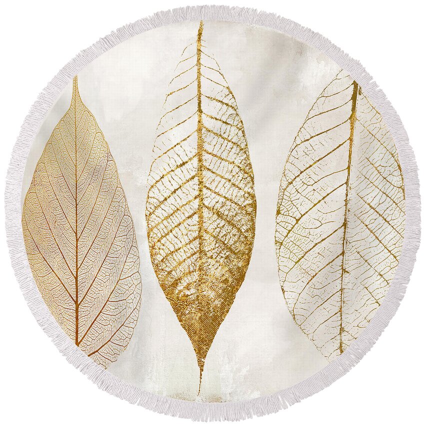 Leaf Round Beach Towel featuring the painting Autumn Leaves III Fallen Gold by Mindy Sommers
