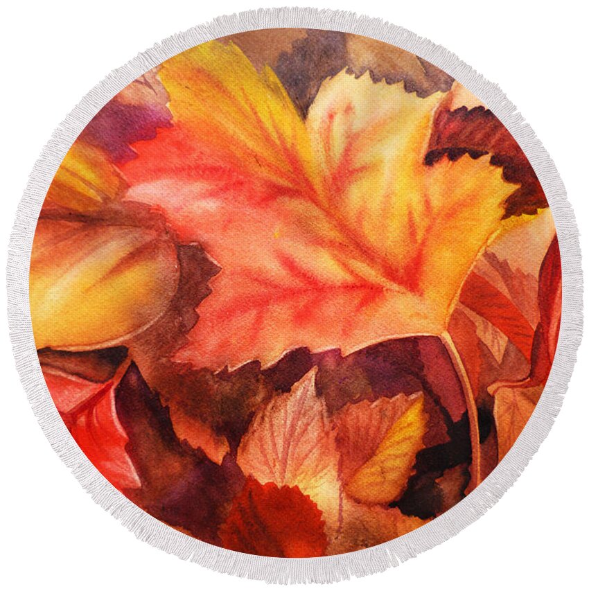 Fall Round Beach Towel featuring the painting Autumn Leaves by Irina Sztukowski