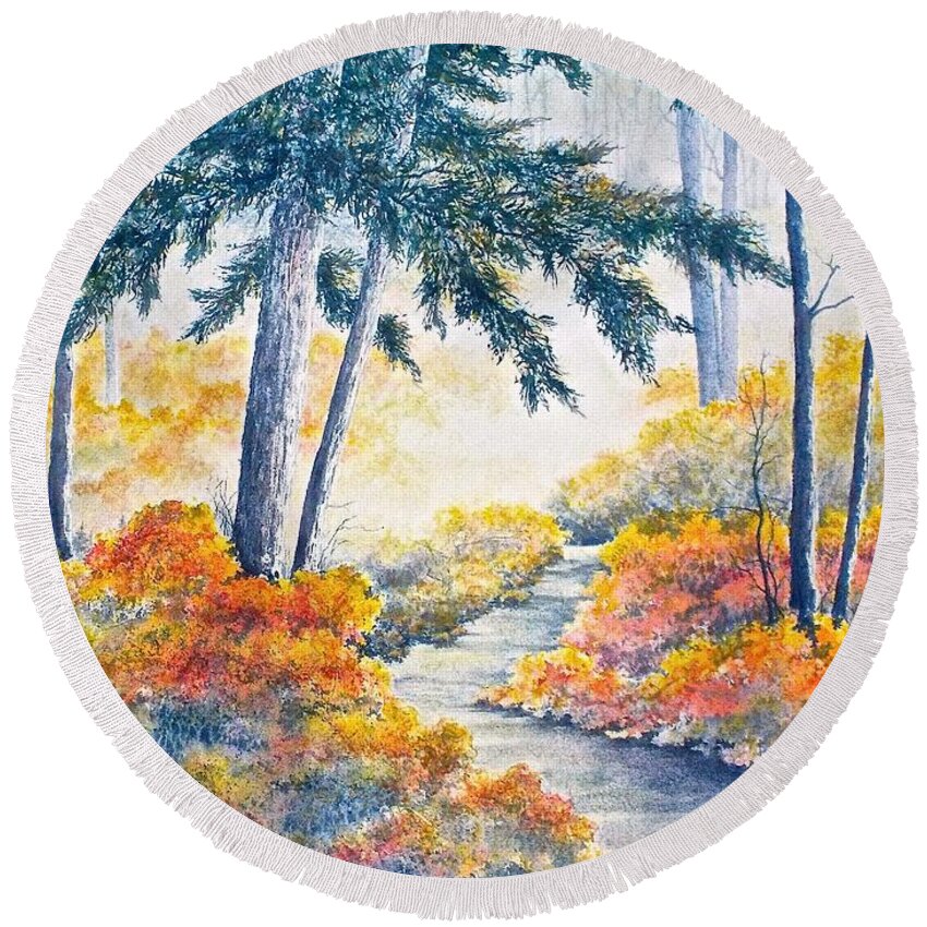 Watercolor Round Beach Towel featuring the painting Autumn Mist by Carolyn Rosenberger