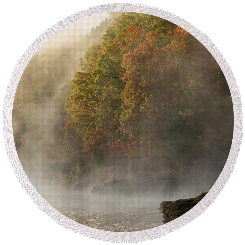 Lake Round Beach Towel featuring the photograph Autumn Mist on Dale Hollow Lake by Paul Rebmann