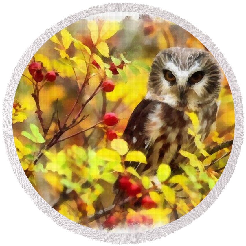 Autumn Owl Round Beach Towel featuring the painting Autumn Owl by Maciek Froncisz