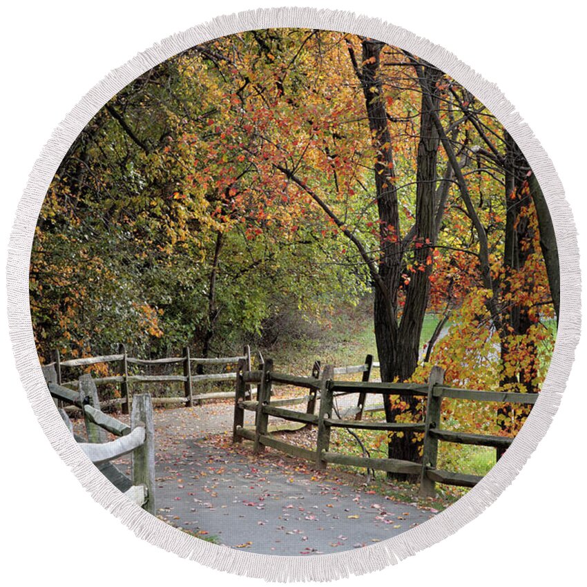 Autumn Round Beach Towel featuring the photograph Autumn Path in Park in Maryland by William Kuta