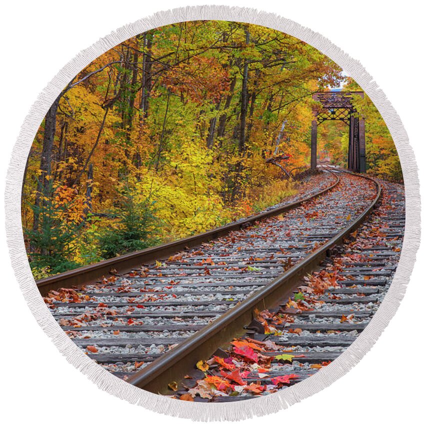 Autumn Round Beach Towel featuring the photograph Autumn Railroad by White Mountain Images