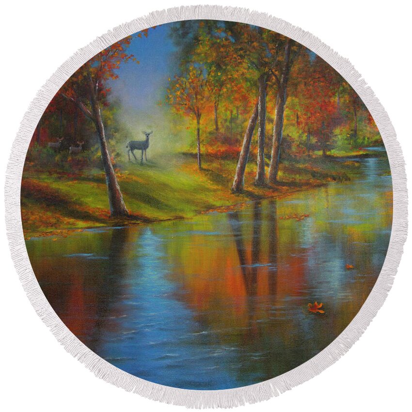 Autumn Round Beach Towel featuring the painting Autumn Reflections by Jeanette French
