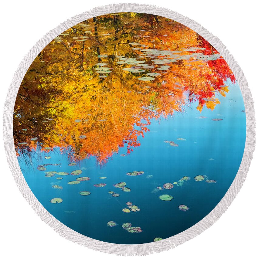 Intimate Landscape Round Beach Towel featuring the photograph Autumn Reflections by John Roach