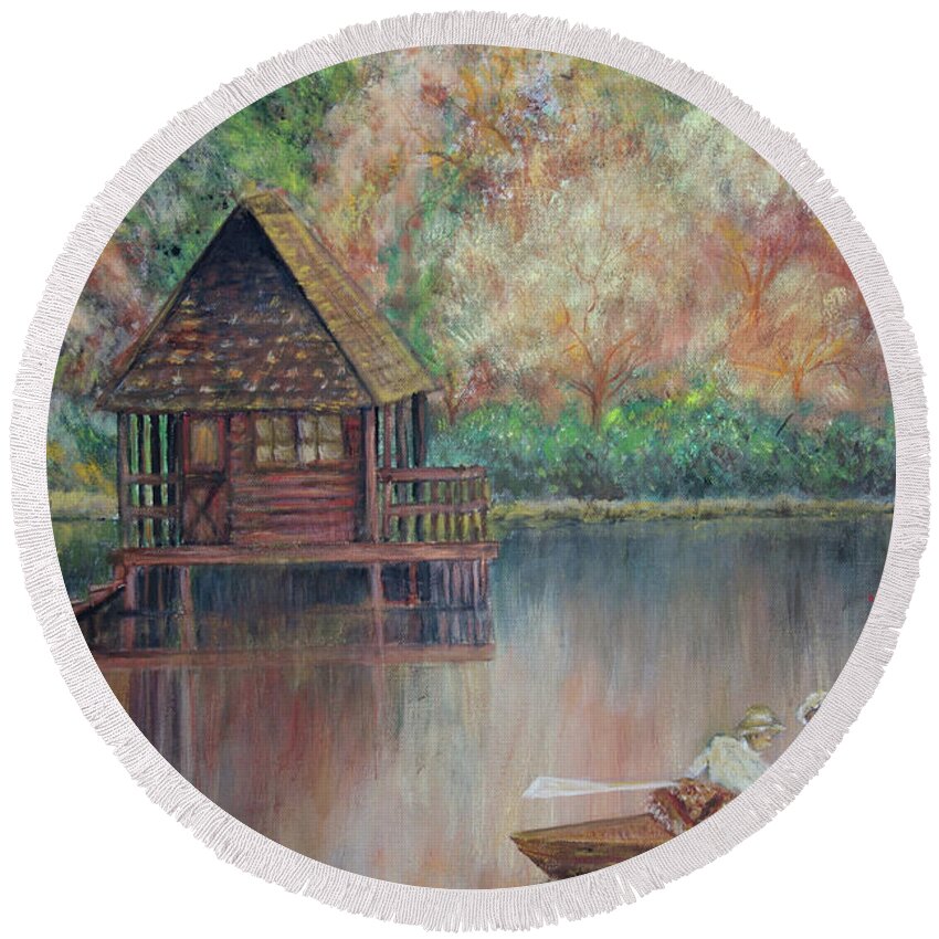 Impressionism Round Beach Towel featuring the painting Autumn Reflections by Lyric Lucas