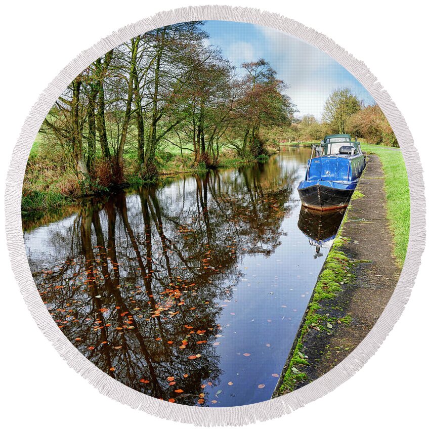 Canal Round Beach Towel featuring the photograph Autumn Reflections on the Leeds Liverpool Canal by Brenda Kean