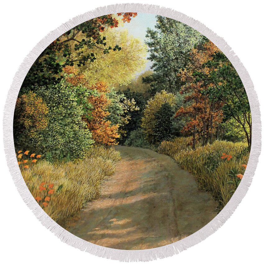 Autumn Scene Round Beach Towel featuring the painting Autumn Road by Marc Dmytryshyn