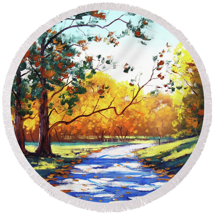 Nature Round Beach Towel featuring the painting Autumn road Mt Wilson by Graham Gercken