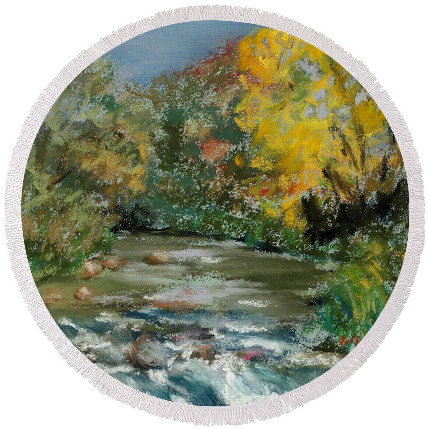 River Round Beach Towel featuring the painting Autumn Rush by Mary Benke
