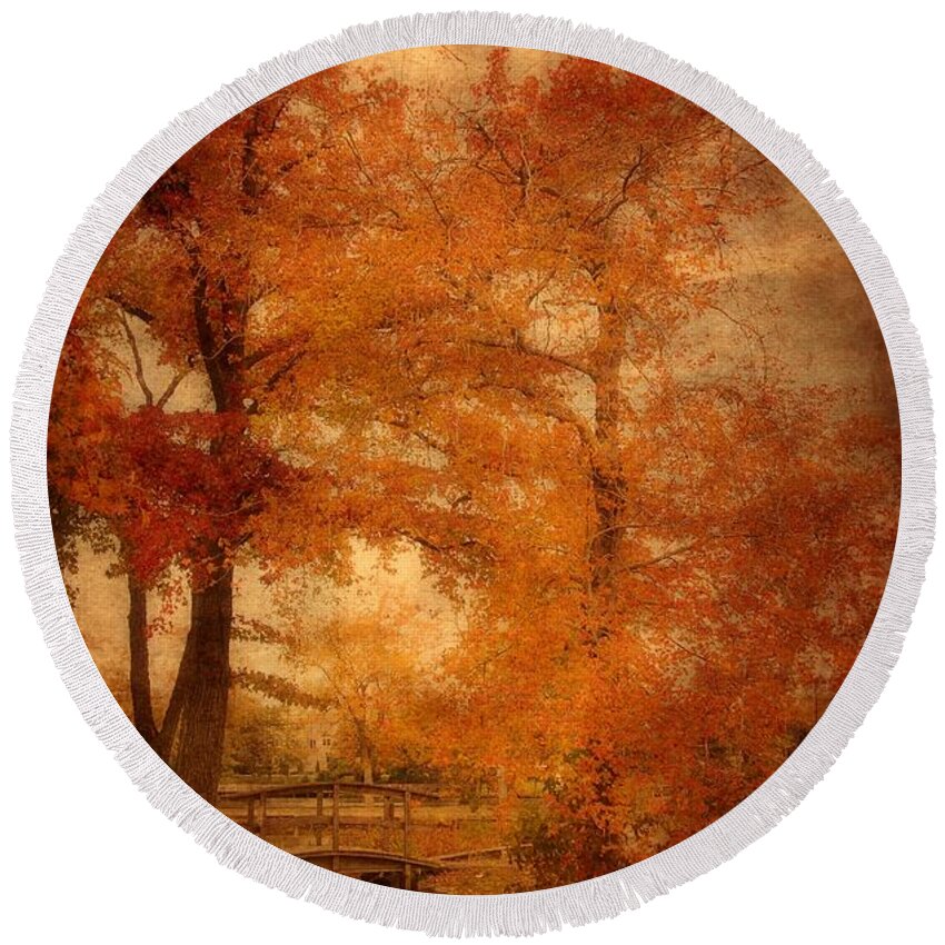 Autumn Landscapes Round Beach Towel featuring the photograph Autumn Tapestry - Lake Carasaljo by Angie Tirado